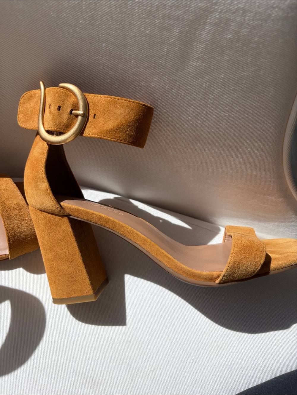 AEROSOLES Camel Suede Block Heel Sandals with Gold Buckle